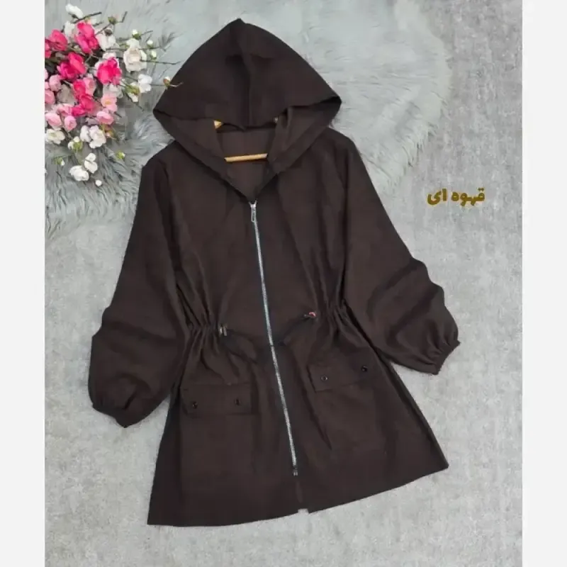 مانتو مخمل کبریتی کلاهدار پاییزه مدل صبا سایز بزرگ جیب دار