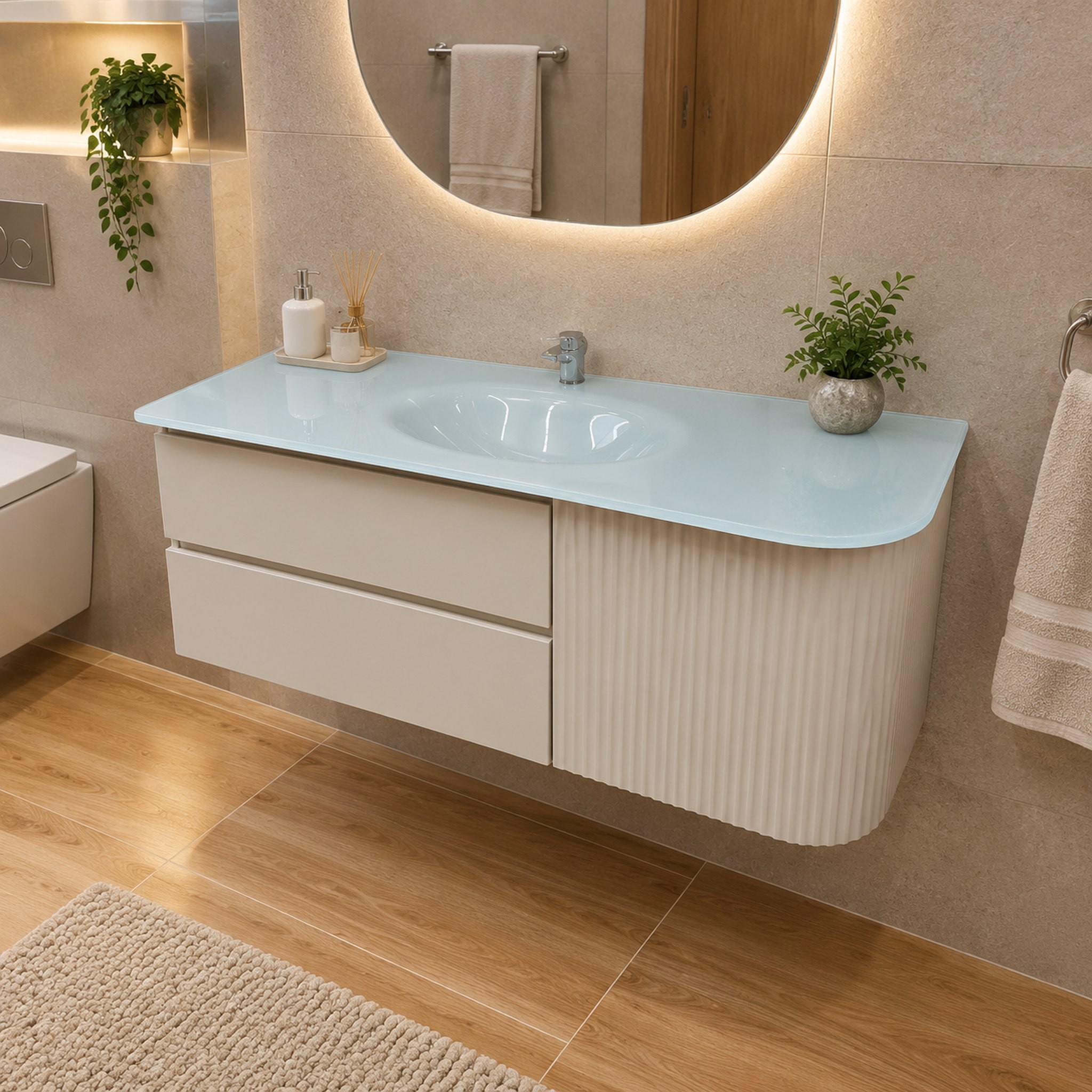 کابینت روشویی مدرن مدل 1042 با صفحه شیشه ای و طراحی دوگانه