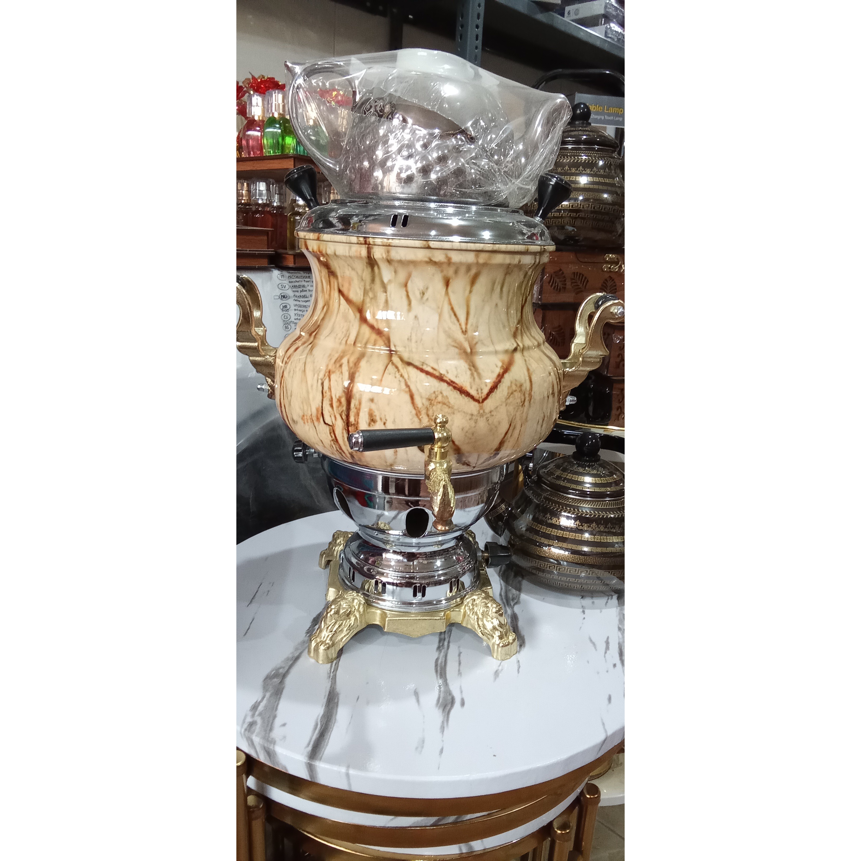سماور گازی سه کاره م محصول برادران ساخت ایران بدنه استیل ضد زنگ قوری چینی درجه یک