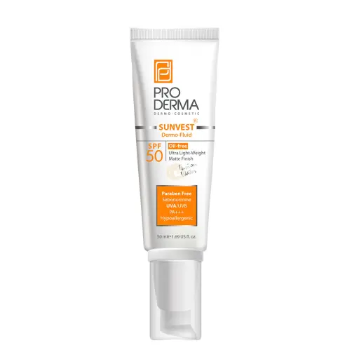 کرم ضد آفتاب فلوئید spf50 تیوپی پوست معمولی تا چرب پرودرما
