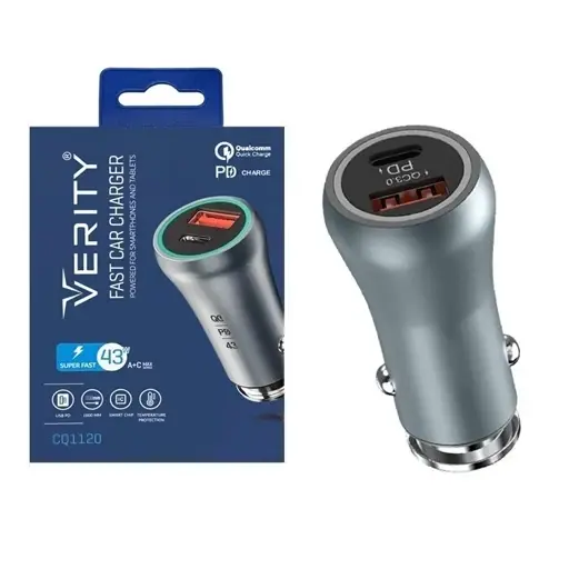 شارژر فندکی VERITY 1120 | فست شارژ 43 وات PD و QC با کابل تایپ سی