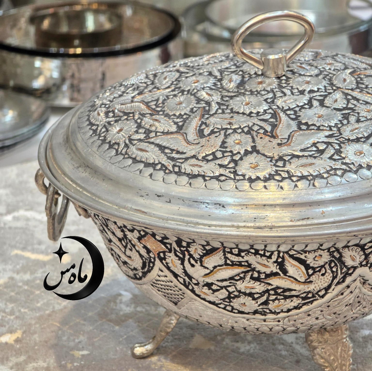 سوپ خوری مسی سه پایه سیاه قلم دو رنگ
