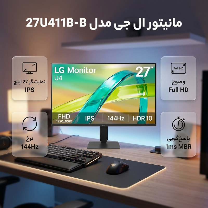 مانیتور 27 اینچ ال جی مدل 27U411B-B با وضوح Full HD، پنل IPS و نرخ بهروزرسانی 144 هرتزجدید