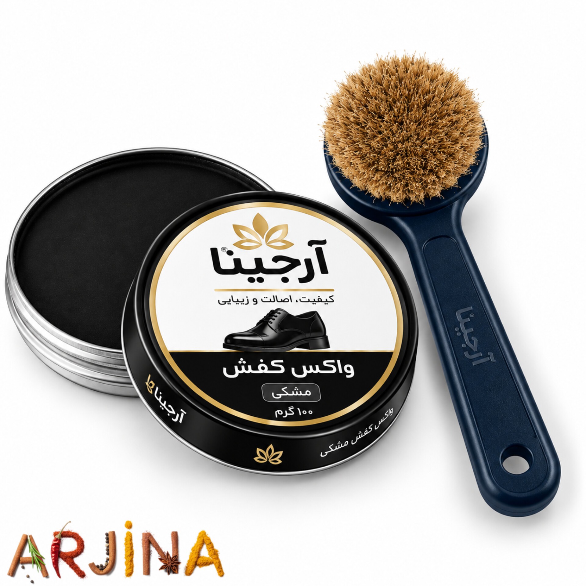 پک واکس کفش مشکی فلزی و فرچه آرجینا 