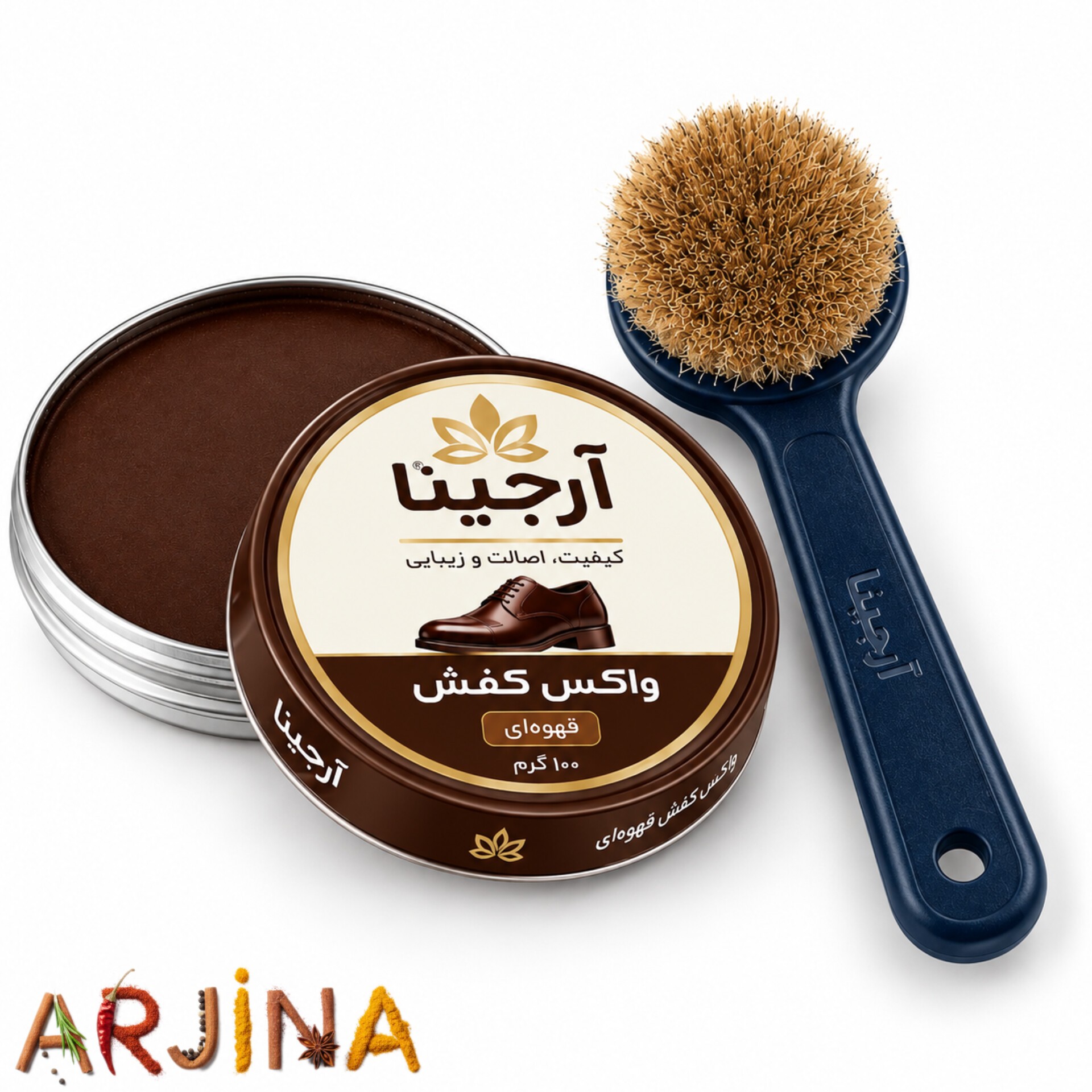پک واکس کفش قهوه ای فلزی و فرچه آرجینا جدید