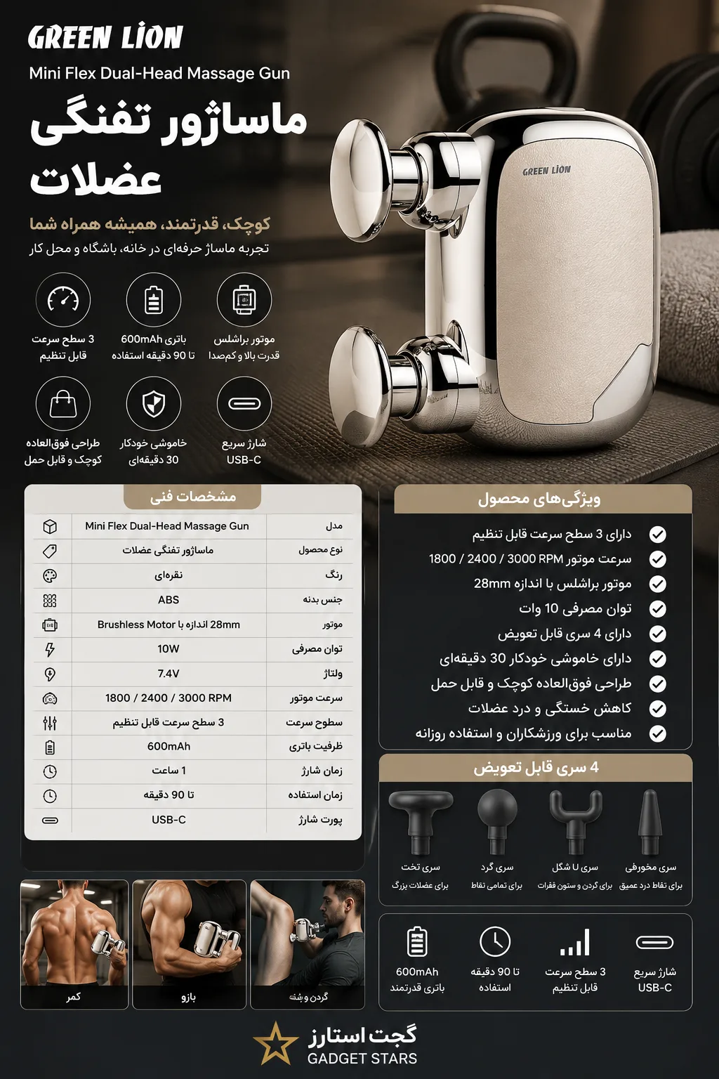 ماساژور تفنگی گرین لاین مدل Green Lion Mini Flex Dual-Head Massage Gun