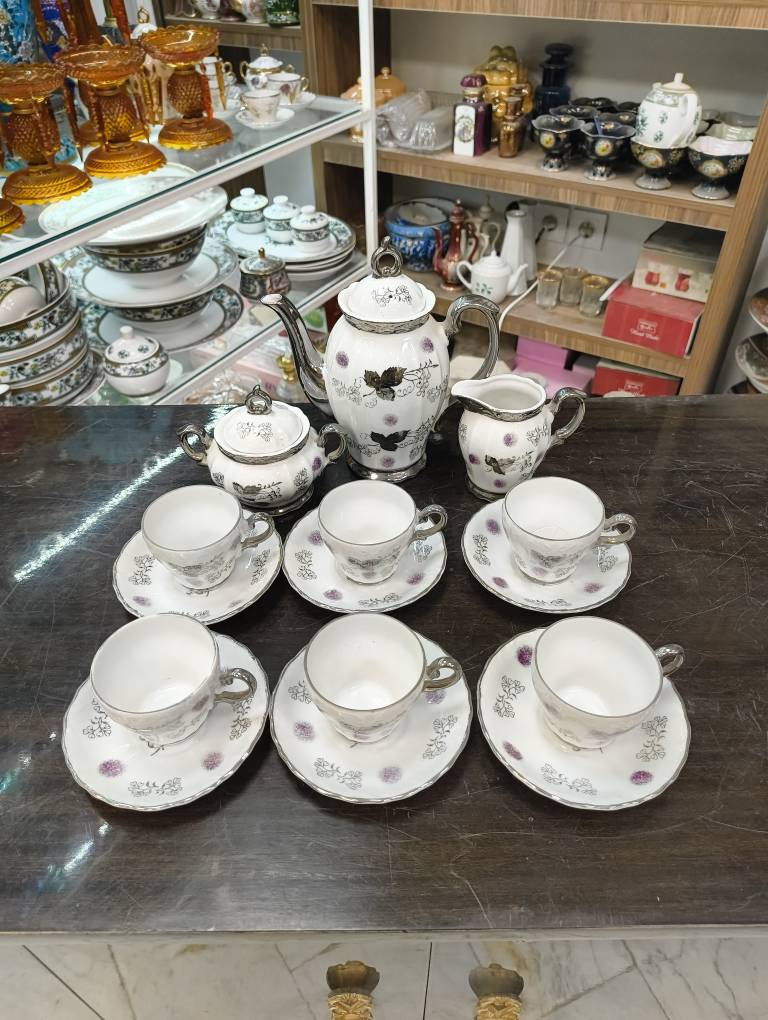 سرویس قهوه خوری گل بنفش و نقره ای ژاپنی قدیمی