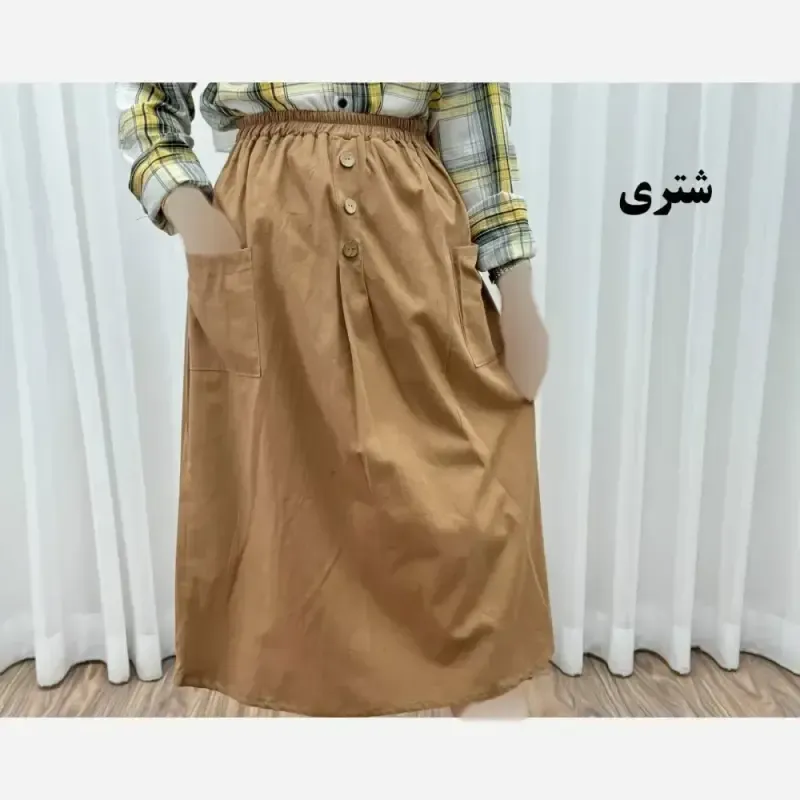 دامن لنین جلو جیب فری سایز مناسب تا سایز 48جدید