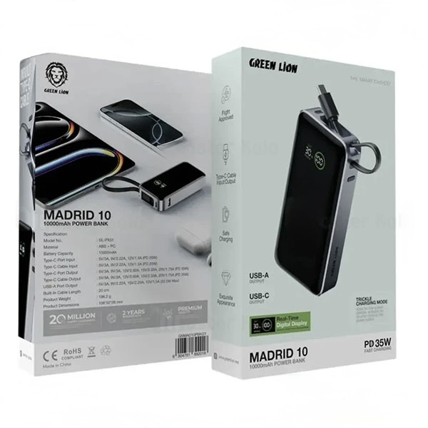 پاوربانک 10000 گرین لاین Green Lion Madrid 10 GL-PX31 GNMAD10PBKGY توان 35 وات با کابل متصل