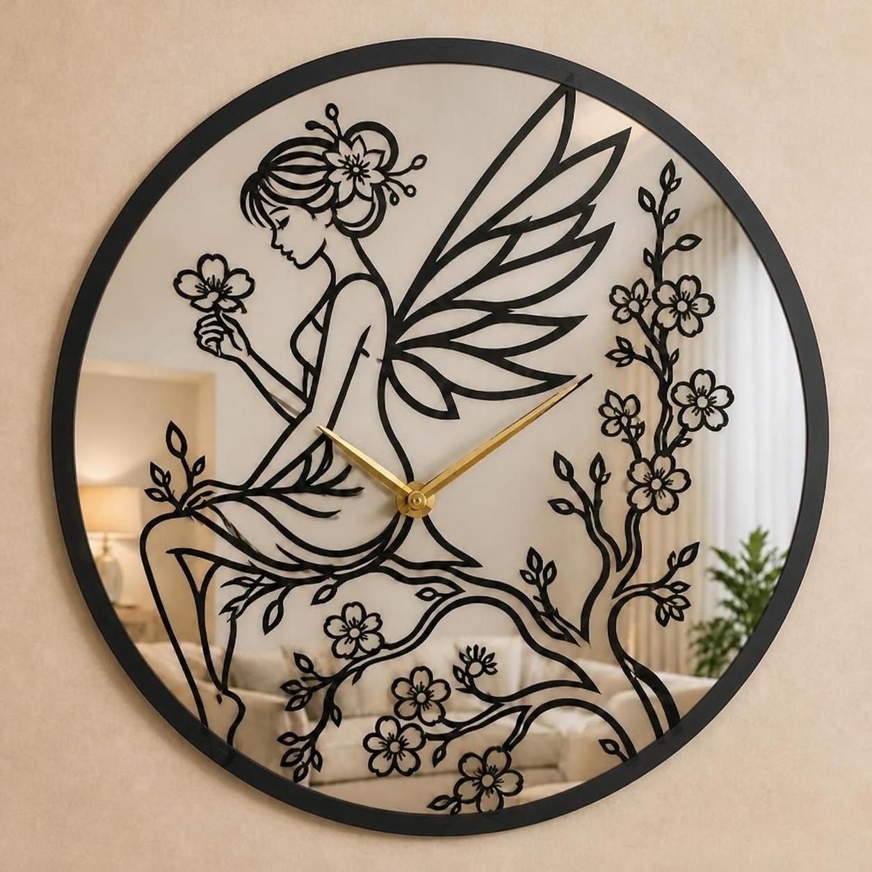 ساعت دیواری تلفیق چوب و آینه پری باغ خیال