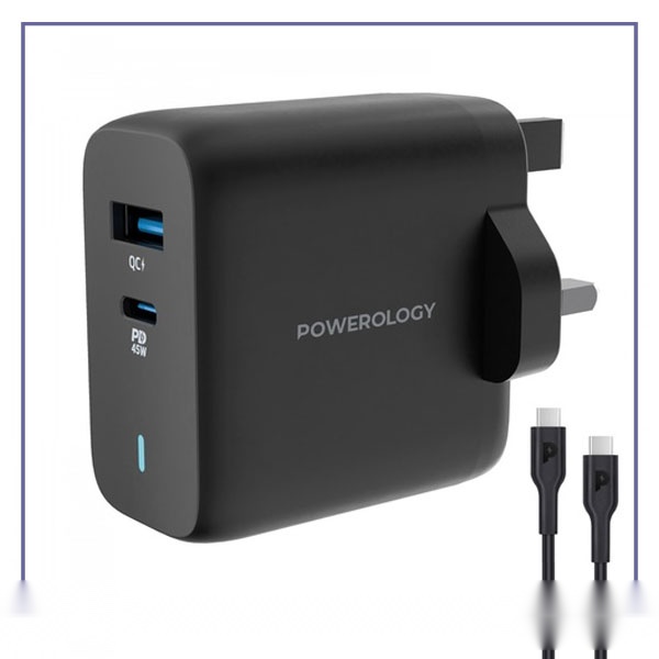 آداپتور شارژ 45 وات با کابل همراه پاورولوژی Powerology Ultra-Quick GaN Charger PWCUQC004