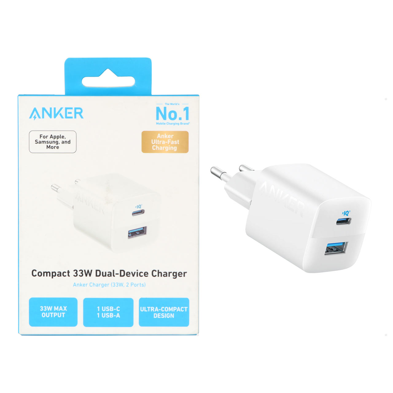 شارژر دیواری فست دو پورت Anker مدل Compact A2331G21 33W - سفید (گارانتی 18 ماهه شرکتی)جدید
