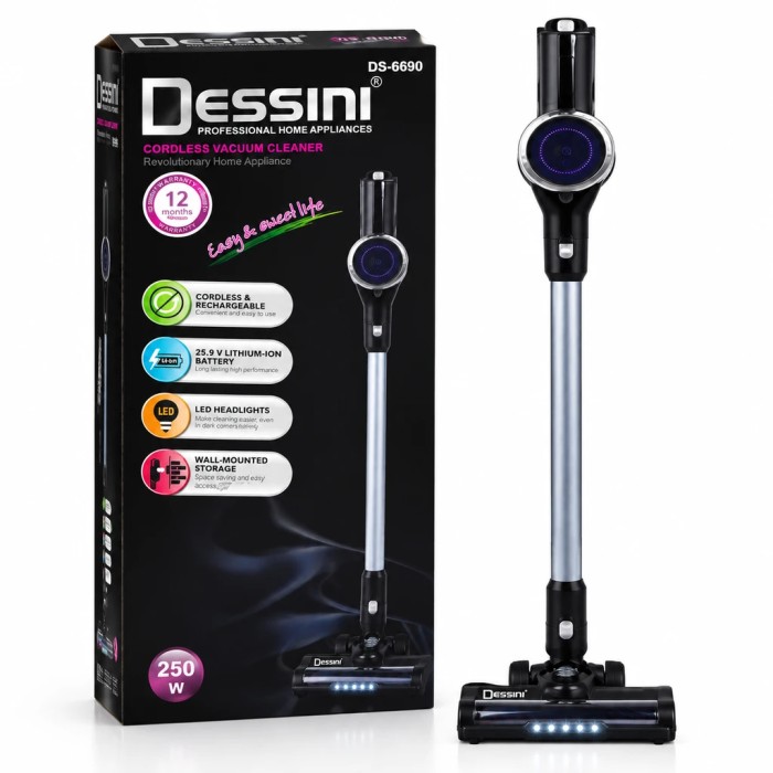 خرید و قیمت جاروبرقی شارژی عصایی دسینی مدل Dessini DS-6690 بهترین جاروشارژی بیسیم و پرقدرت با موتور BLDC، توان 250 وا