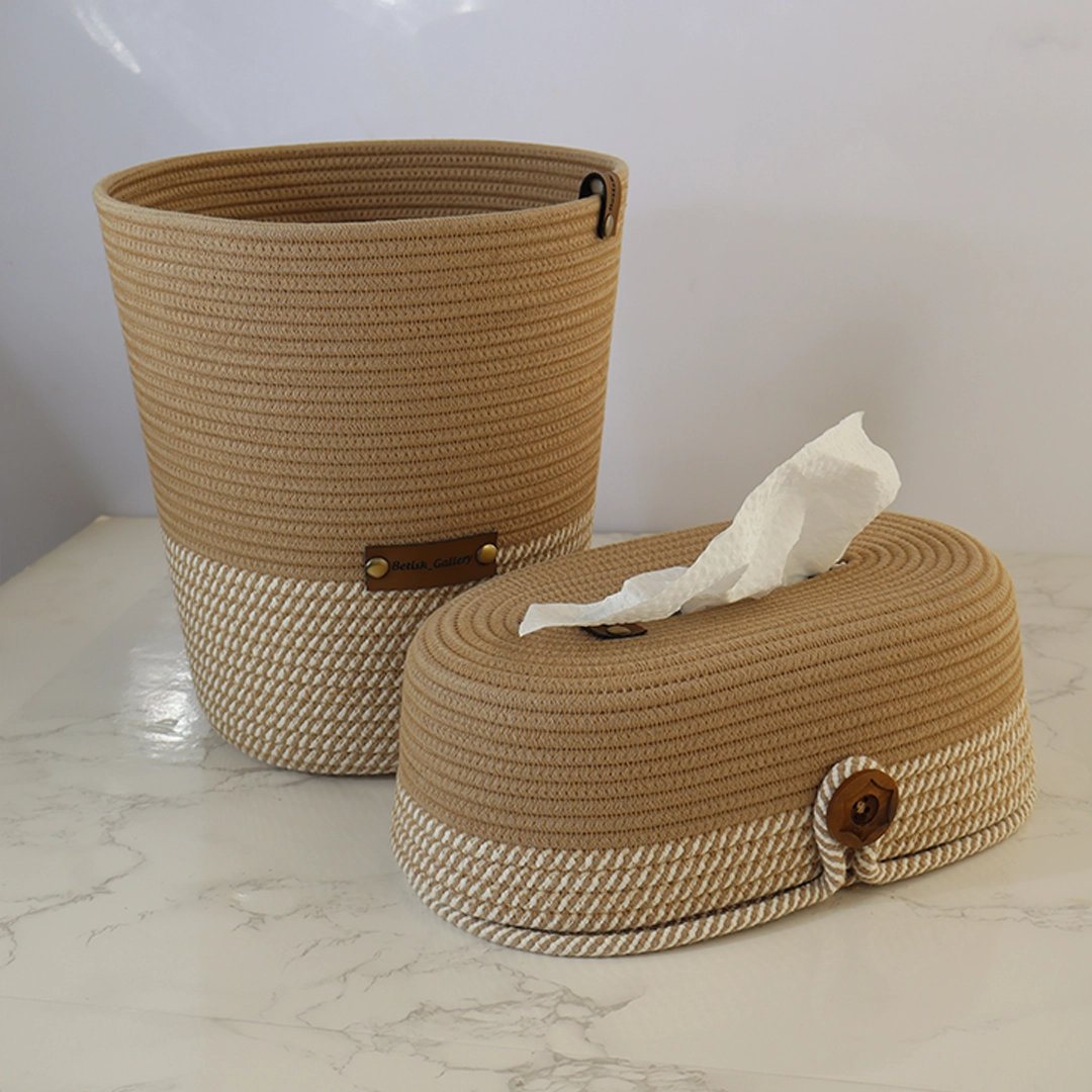 سطل و جای دستمال کاغذی قیطان دوزی – نخودی زبرا ( پس کرایه )