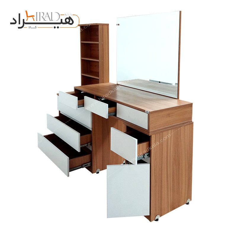 میز آرایش چوب و سفید 160 سانتی قفسه دار پنج کشو هیراد مدل U103