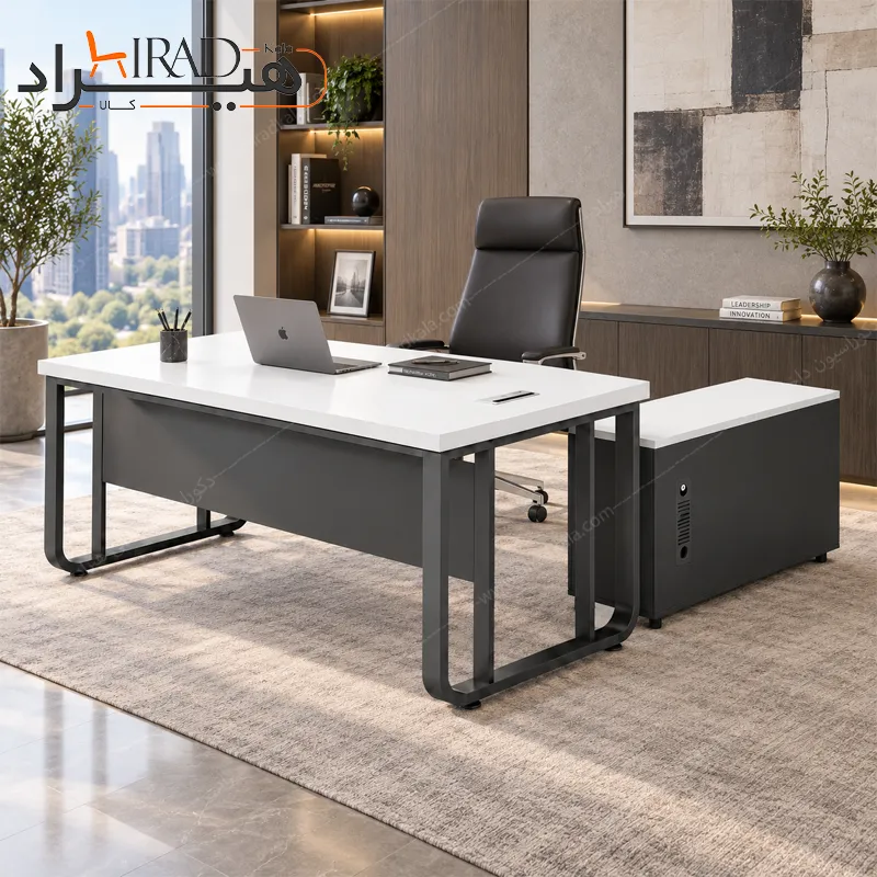 میز مدیریت ال شکل پایه فلزی با کردنزای درب دار هیراد مدل M956جدید