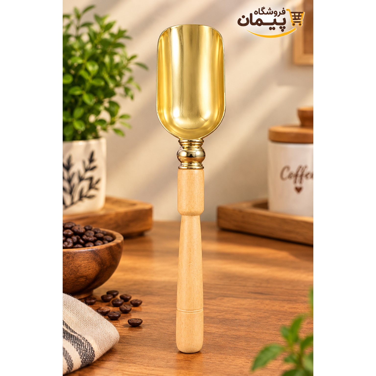 قاشق آجیل خوری دسته چوبی و سرتاس طلایی آبکاری شده