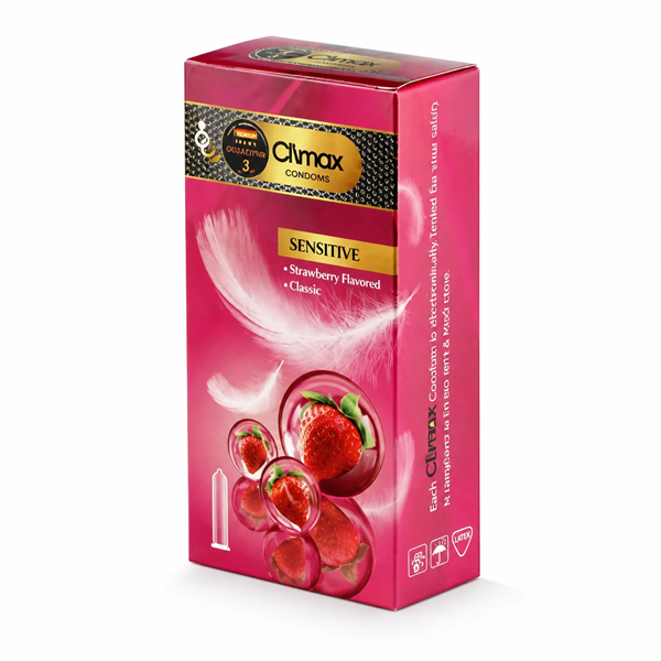 کاندوم ساده کلایمکس توت فرنگی مدل Sensitive (بسته 12 عددی)