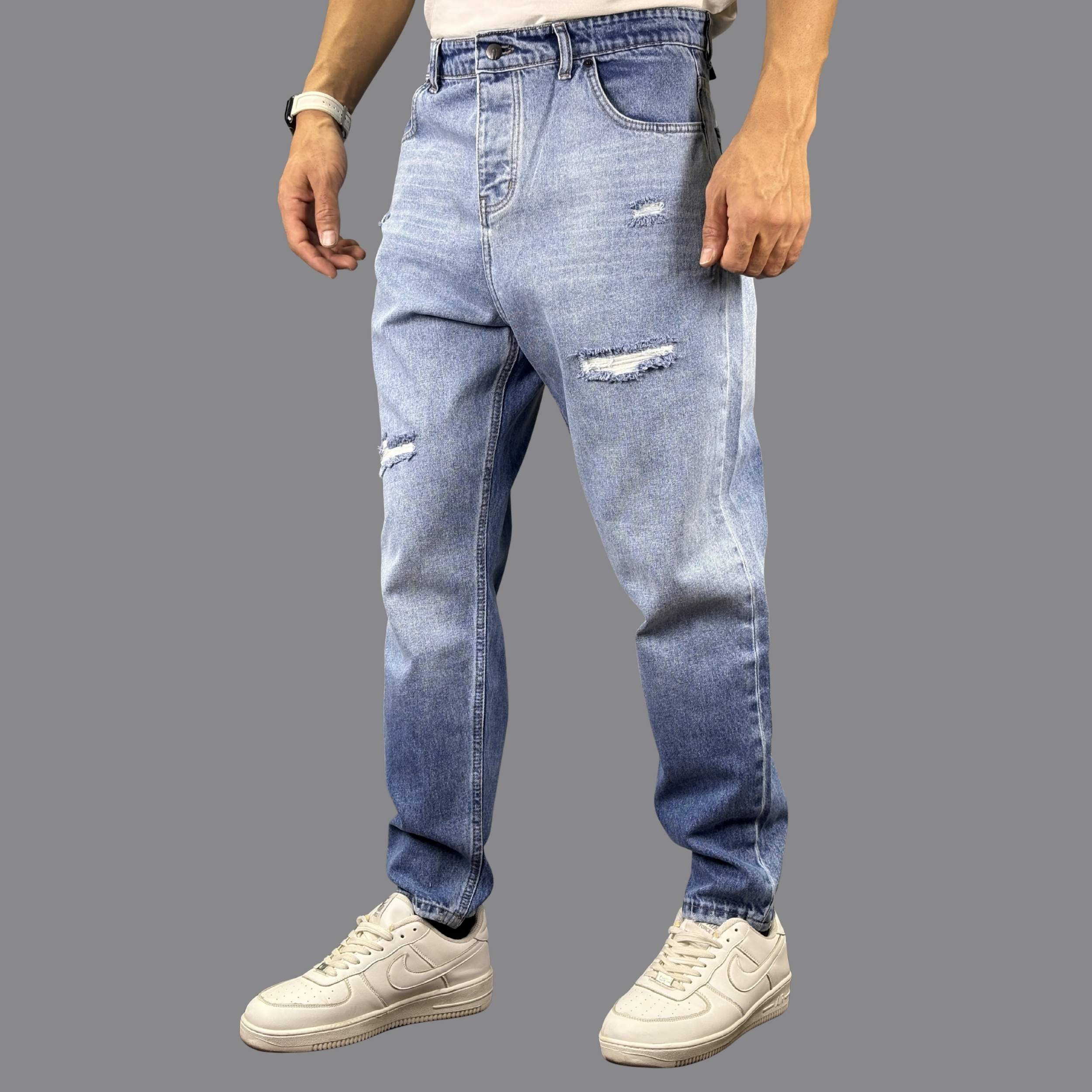 شلوار جین مردانه مام فیت آبی پر زاپ