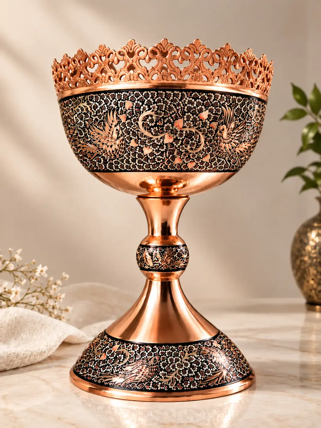 آجیل خوری مس الماس تراش طرح نقره کوب سوپرسایز (ارتفاع 42 سانتیمتر)