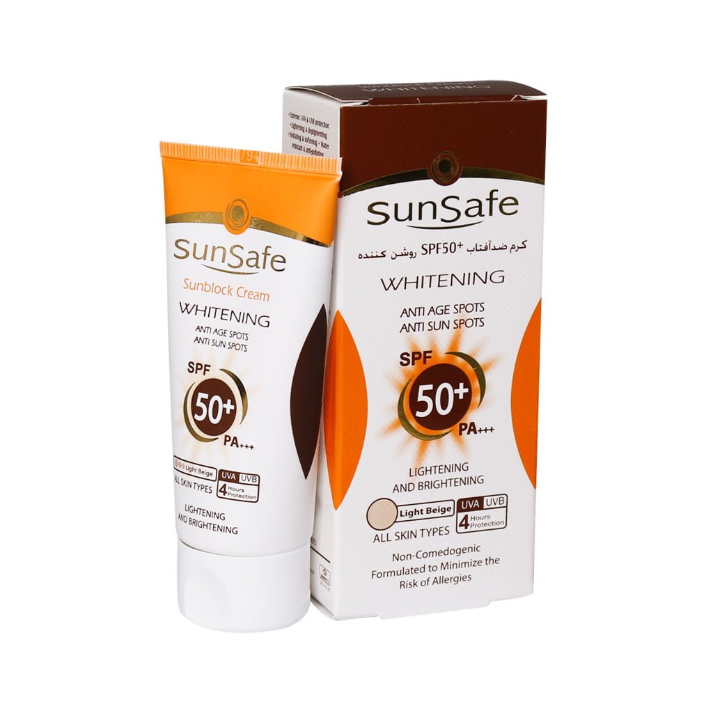 کرم ضد آفتاب SPF50 روشن کننده کرم پودری بژ روشن سان سیف مناسب انواع پوست