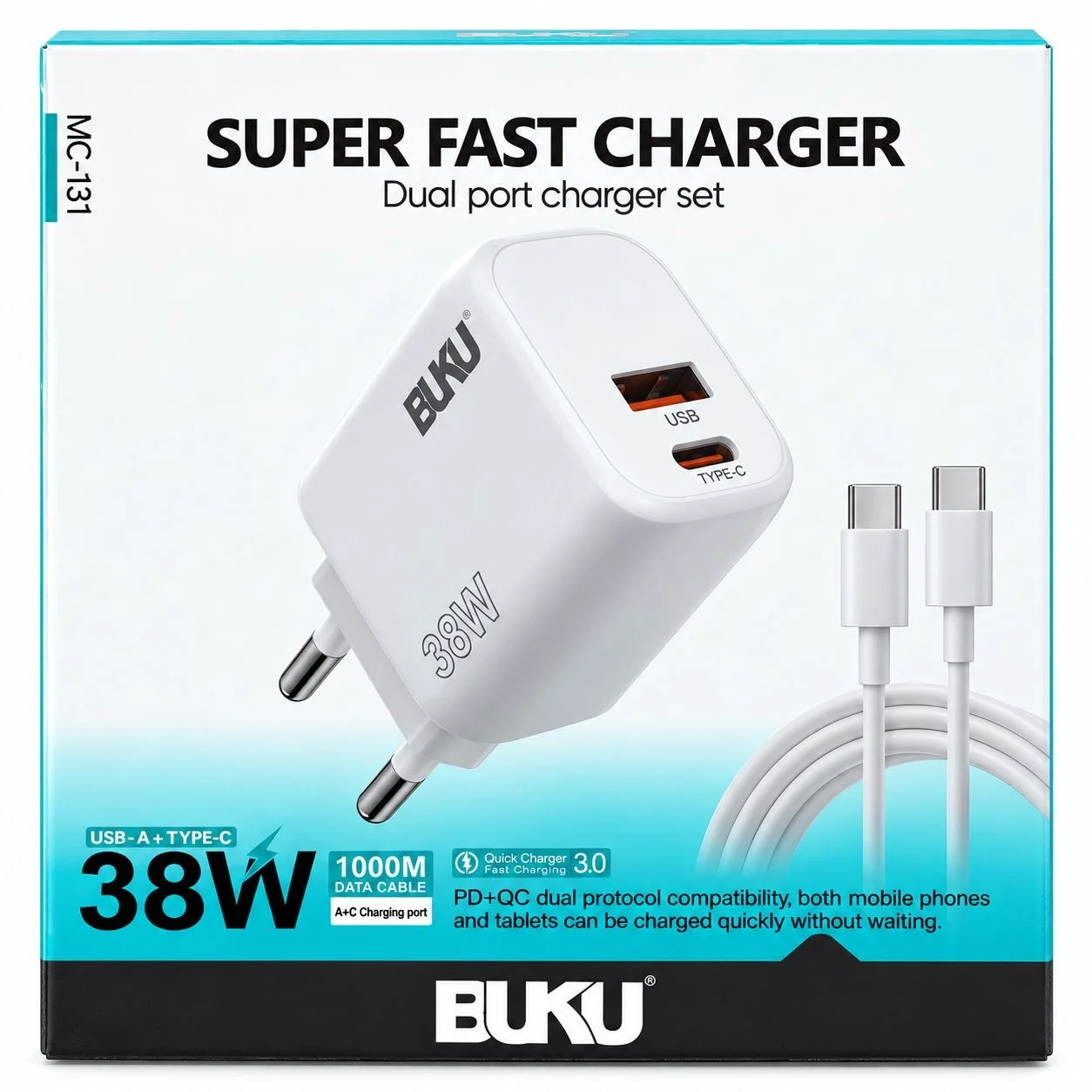 شارژر دیواری فست شارژ 38 وات بوکو مدل MC-131 دو پورت USB و Type-C به همراه کابل تایپ سی