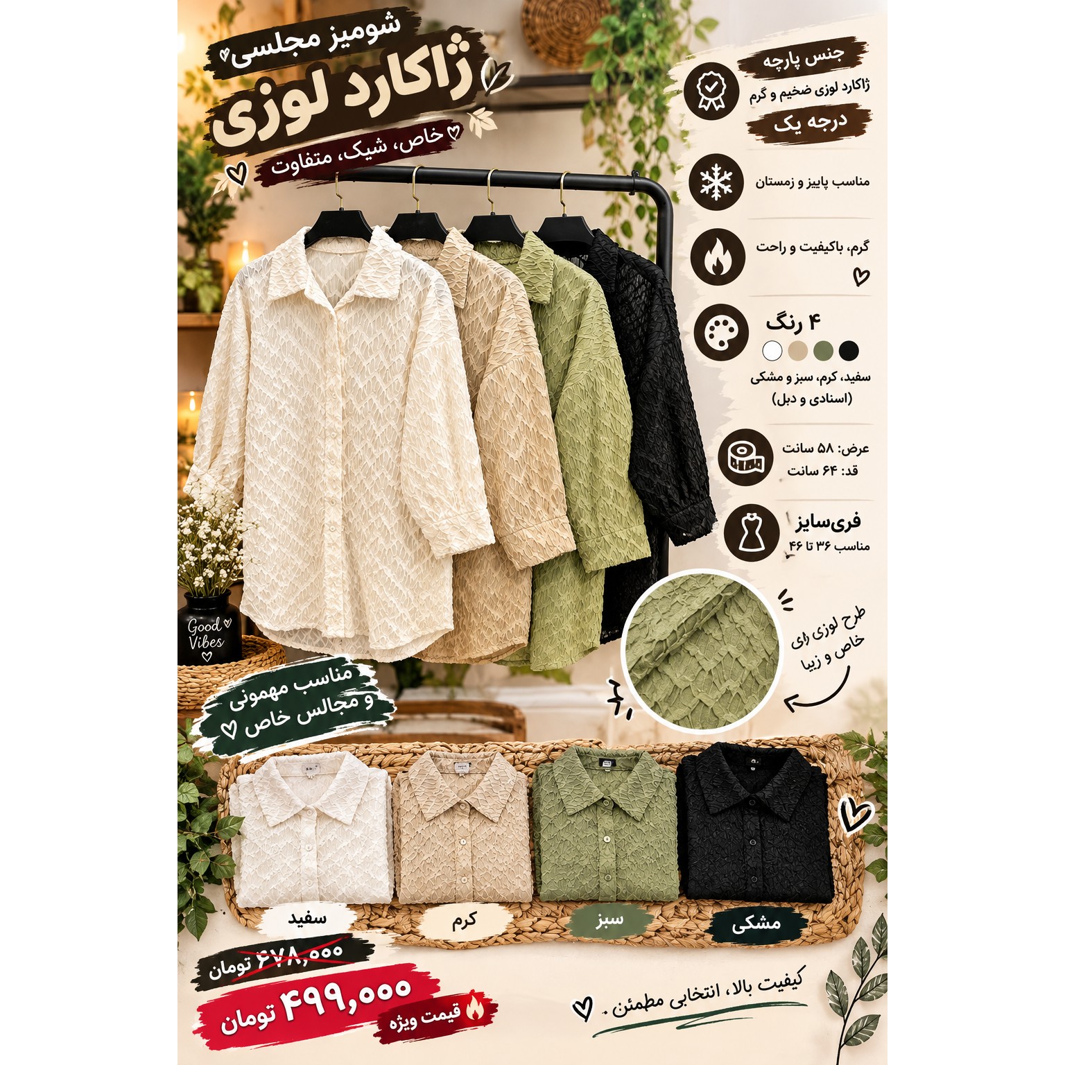 شومیز مجلسی ژاکارد لوزی (ضخیم و گرم) پارچه درجهیک مخصوص پاییز و زمستان (فریسایز 36 تا 46)