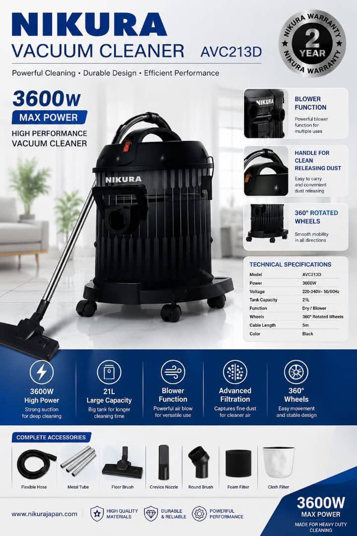 جاروبرقی سطلی نیکورا AVC213D 3600Wجدید