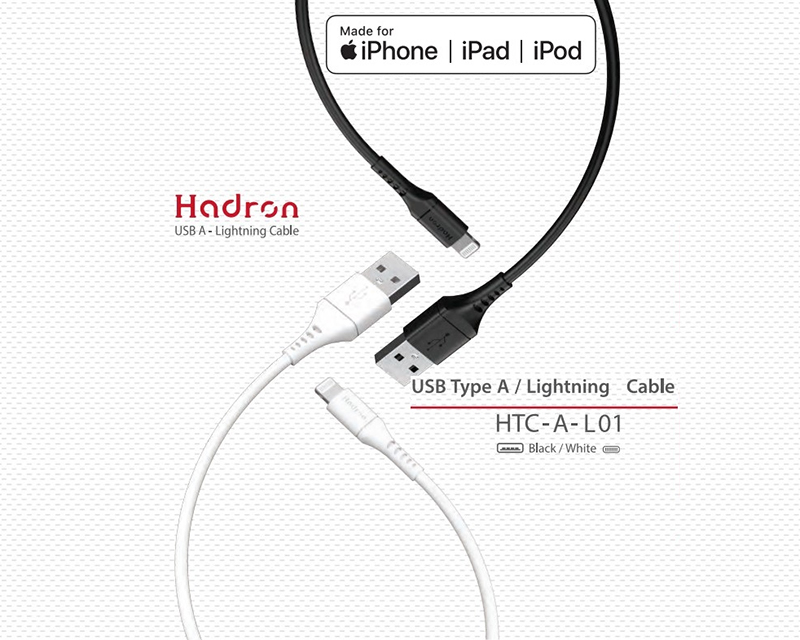 کابل شارژ و انتقال داده لایتنینگ هادرون Hadron MFI HTC-A-L01 USB A Lightning Cableجدید