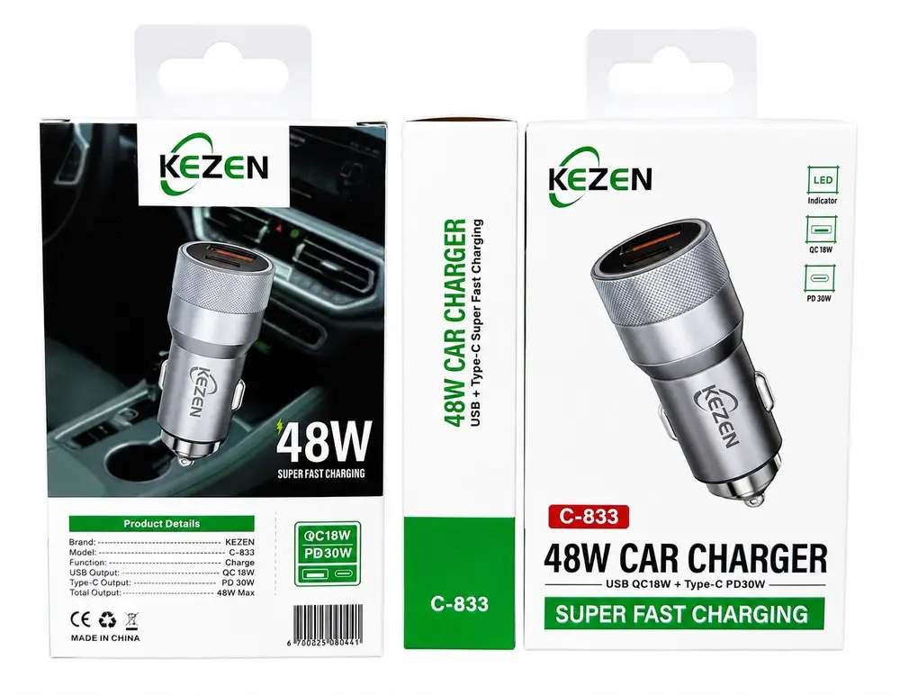 شارژر فندکی 2 پورت کزن مدل KEZEN KZ-C833 48Wجدید