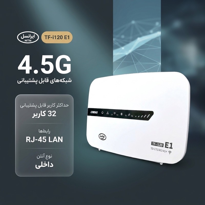 مودم روتر 4.5G ایرانسل مدل TF-i120 E1 با اتصال وای فای و کابل LAN، پشتیبانی از 32 کاربر، سیم کارت و 300 گیگابایت اینت...جدید