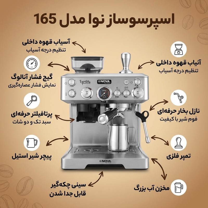 اسپرسوساز نیمه صنعتی 2700 میلی لیتری نوا مدل 165، مناسب تهیه اسپرسو، کاپوچینو، لانگو و امریکانو، دارای 1 عدد نازل قهو...جدید