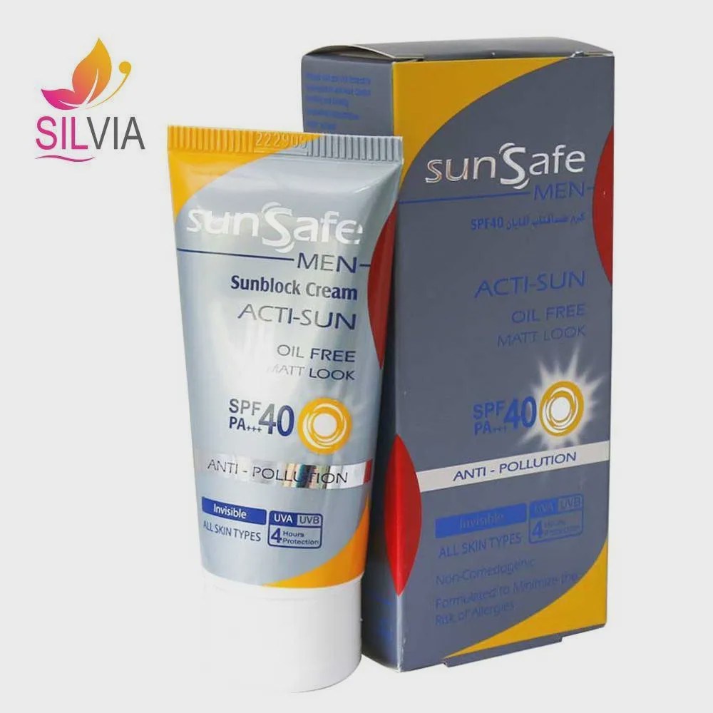 کرم ضد آفتاب فاقد چربی آقایان بی رنگ SPF40 سان سیف 50 میل