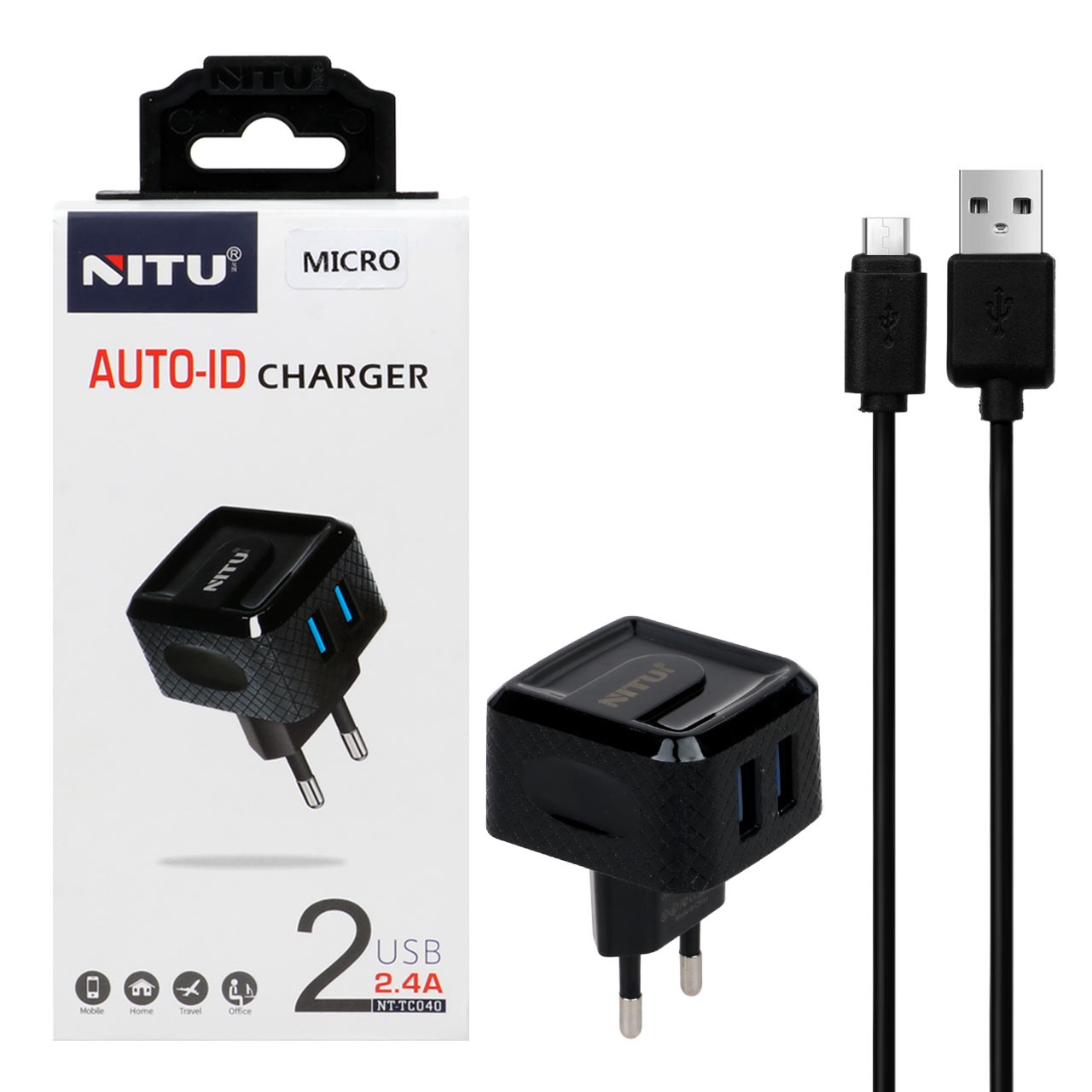 شارژر دیواری فست دو پورت NITU مدل TC040 به همراه کابل شارژ اندروید - مشکی (گارانتی 6 ماه تعویض نیکان همراه)
