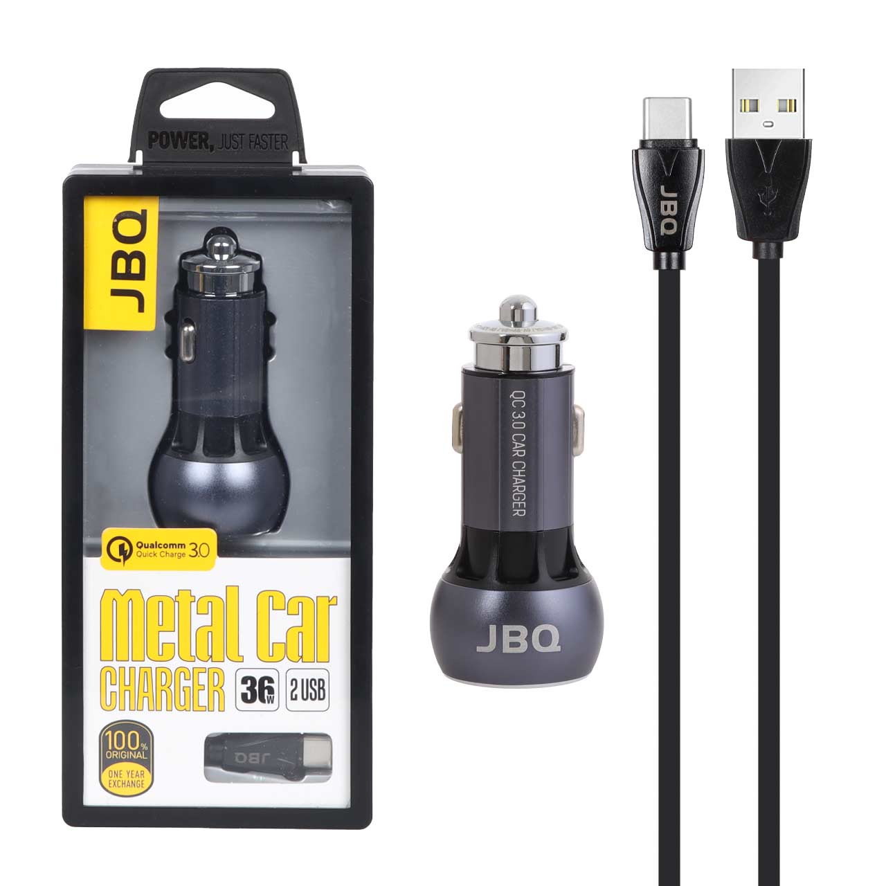 شارژر فندکی فست دو پورت JBQ مدل C503Q 36W همراه با کابل Type-C - خاکستری (گارانتی یکساله رصاصی)جدید