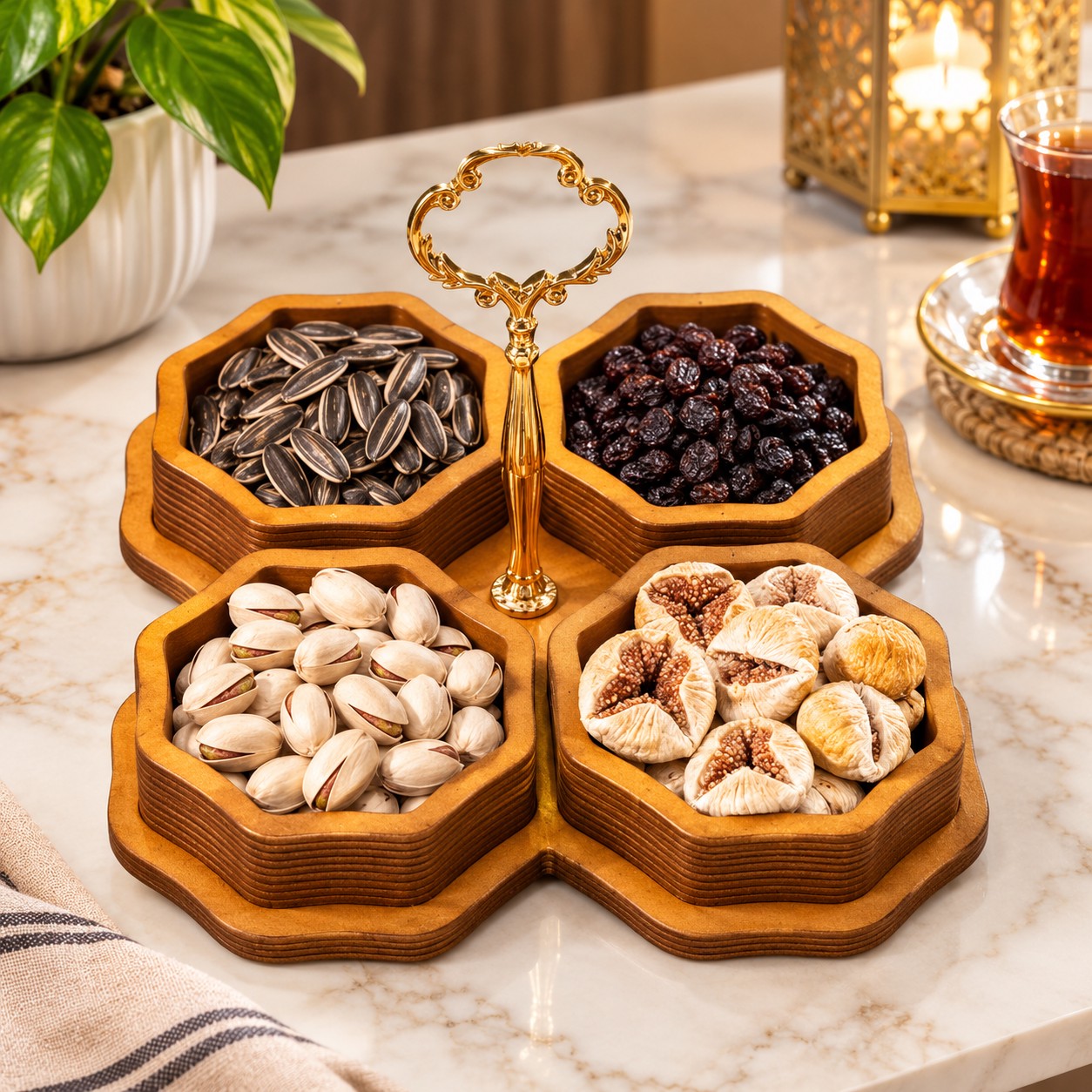 اردو خوری چوبی 4 خانه طرح گل مدل دسته طلایی زاماک، ضد آب و ساخته شده از پلای وود روس
