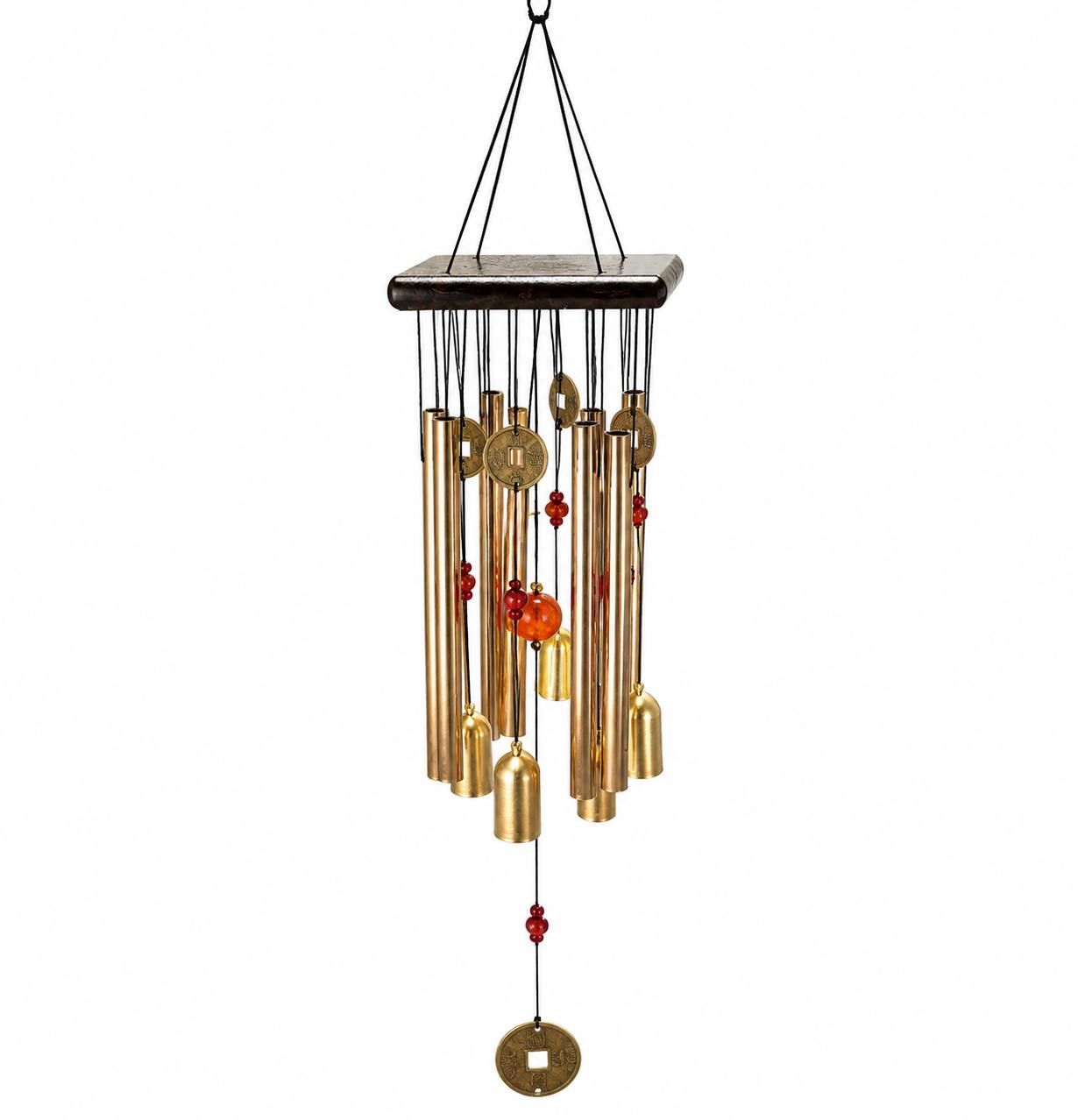 بادزنگ فلزی طلایی فنگ شویی با سکه چینی خوش صدا آویز دکوری وارداتی اصل Wind Chime