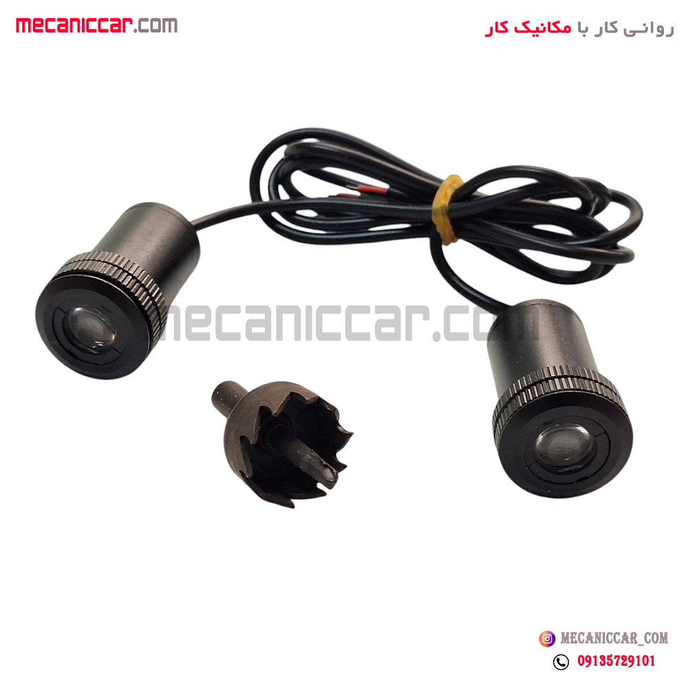 لوگو زیر درب (چراغ ولکام لایت) با مته گرد بر پراید (کیا قرمز)