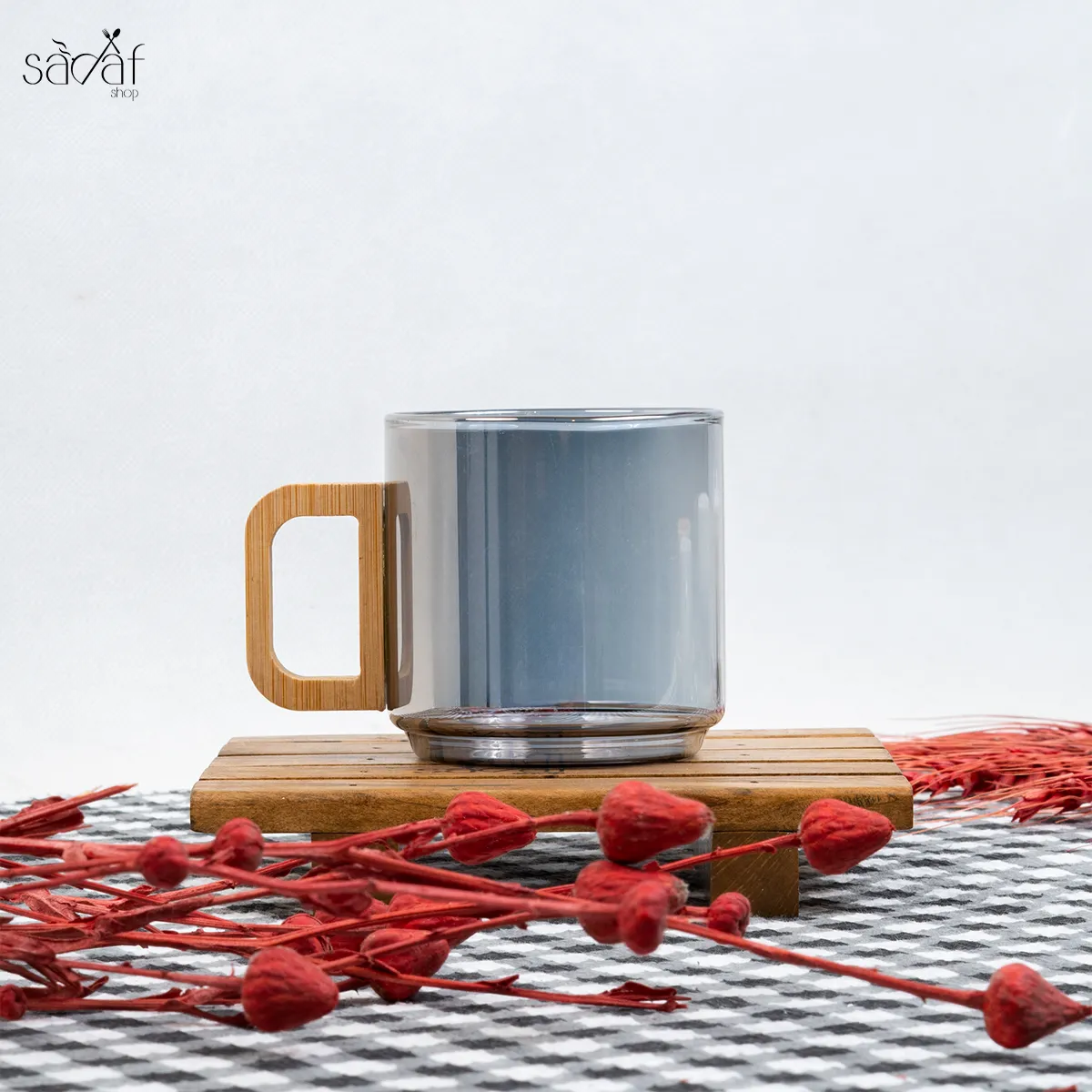فنجان پیرکس دسته چوبی دودی 100 سی سی(یک عددی)