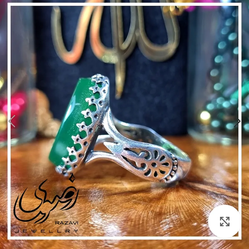 انگشتر مردانه عقیق سبز با حکاکی دست استاد فتح و رکاب آلیاژ نقره روسجدید