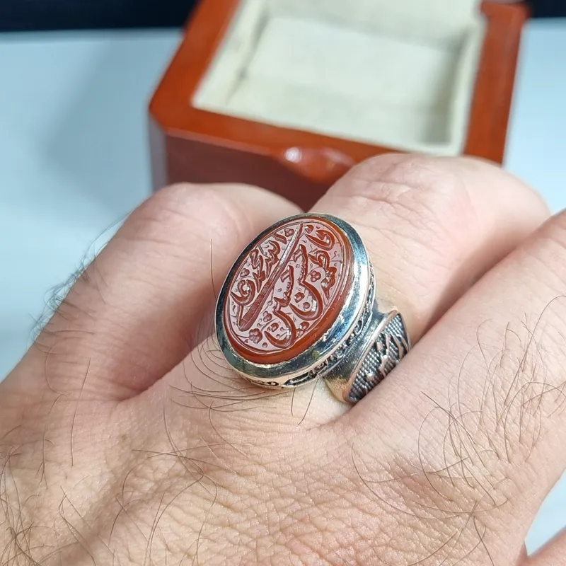 انگشتر نقره مردانه عقیق سرخ با حکاکی پنج تن آل عبا عیار 925جدید