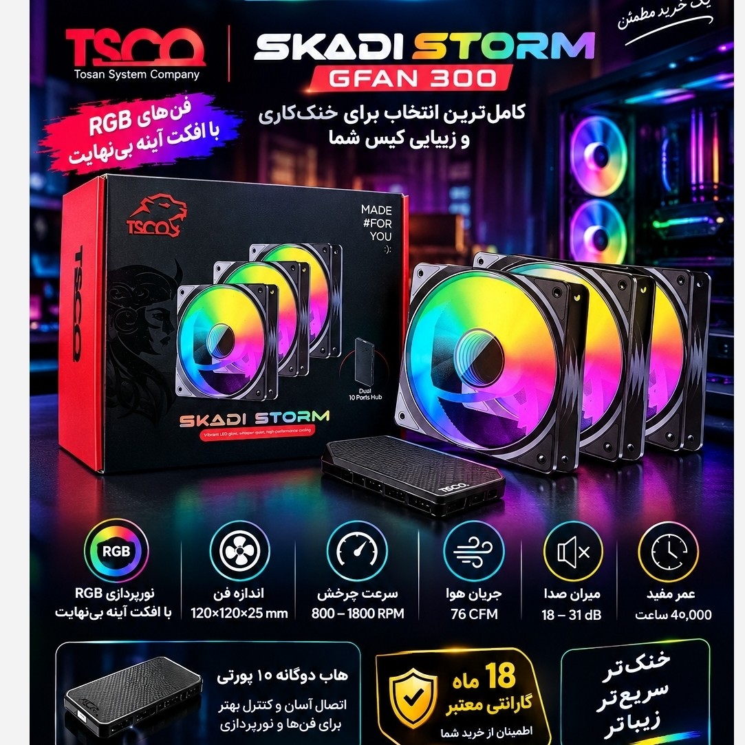 فن کیس گیمینگ3 عددی تسکو مدل GFAN 300 Skadi Storm