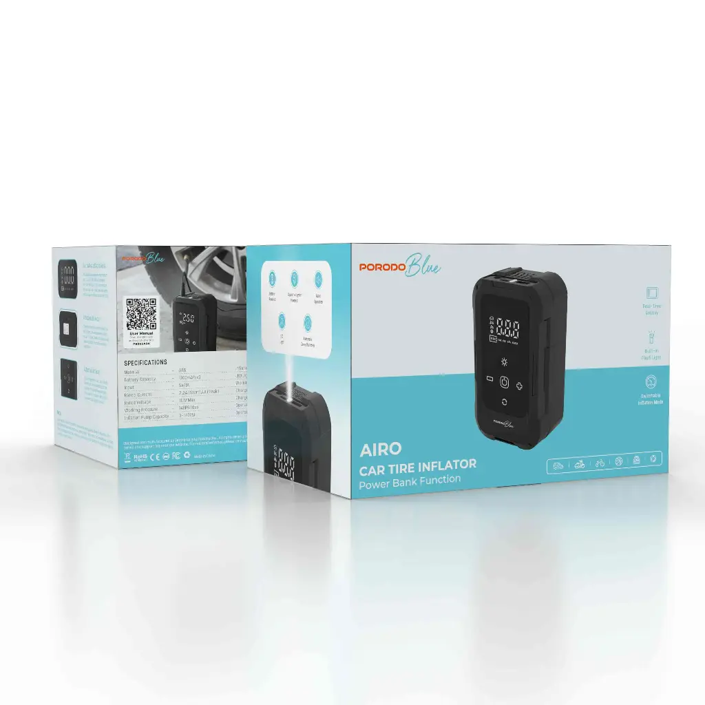 پمپ باد و کمپرسور باد لاستیک خودرو پرودو Porodo Blue Airo مدل PB905ABKجدید