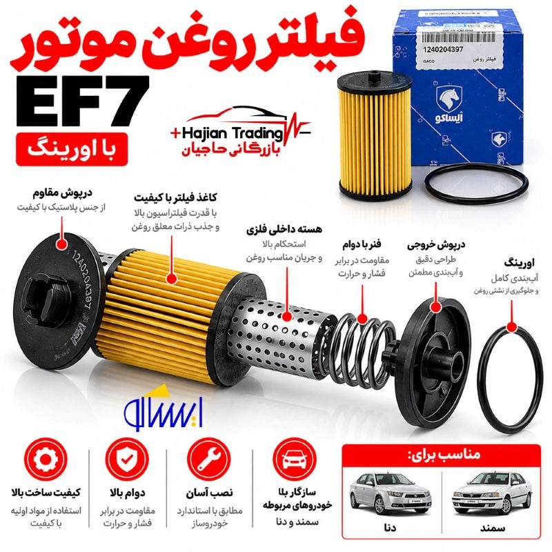 فیلتر روغن سمند ودنا موتورEF7 با اورینگ کد1240204397