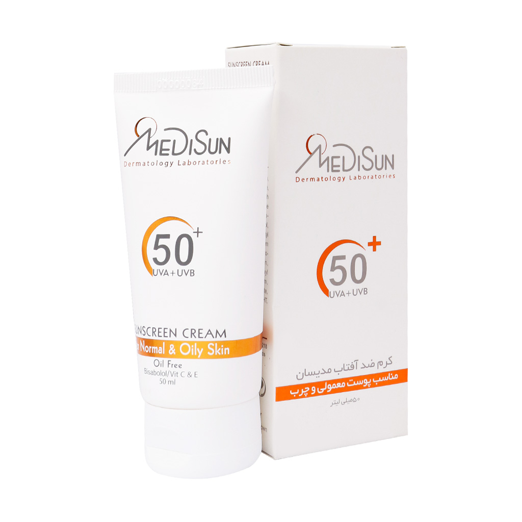 کرم ضد آفتاب بی رنگ SPF50 پوست معمولی و چرب مدیسان | 50 میلی لیتر