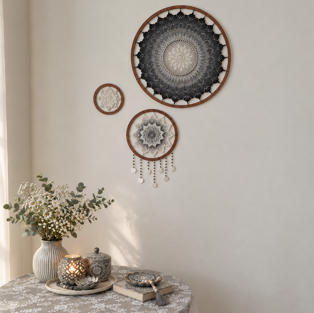 دیوارکوب ماندالا مجموعه 3 عددی مدل خاکستری آماده تحویل 