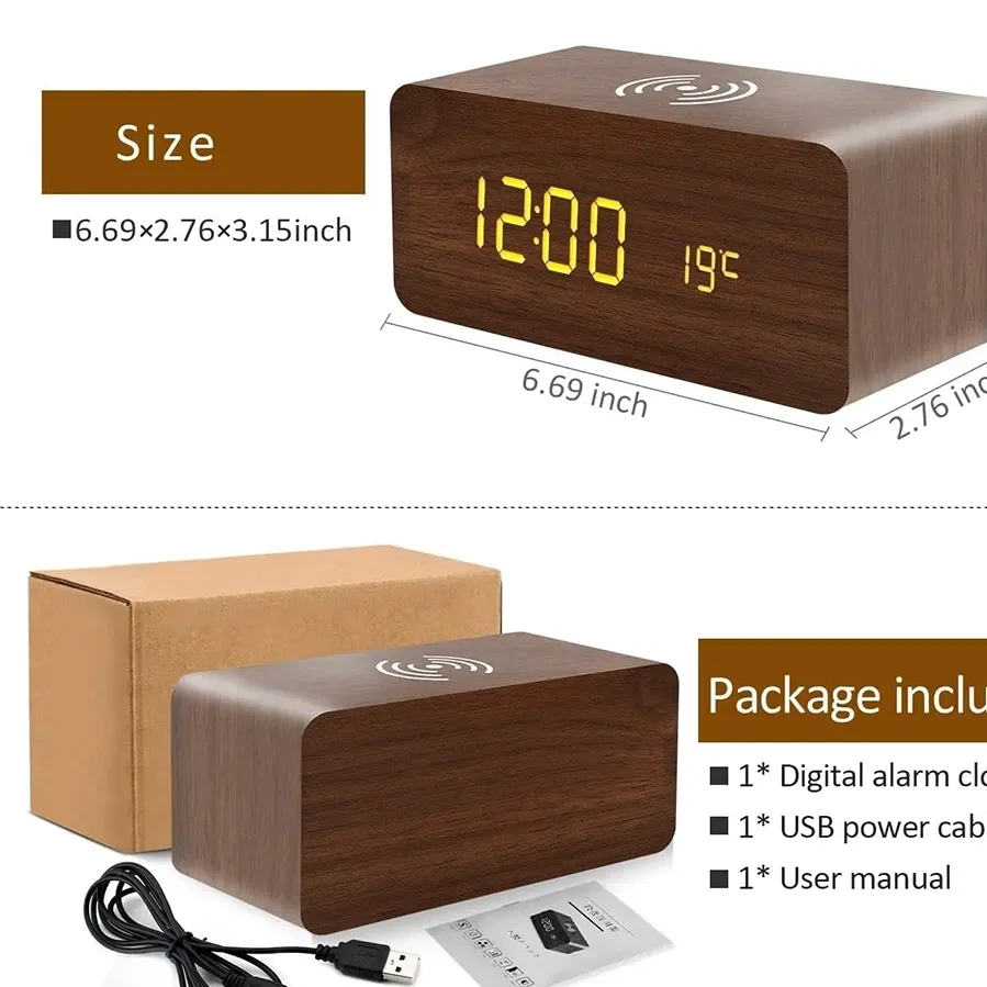ساعت رومیزی دیجیتال چوبی با شارژر بیسیم Qi، نمایش دما و سه آلارم برند WENIVO مدل brownجدید