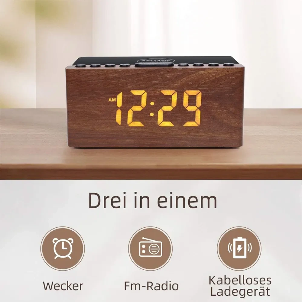 ساعت رومیزی چوبی با رادیو FM، زنگ هشدار و شارژر بیسیم 10 وات برند ANJANK مدل AC190