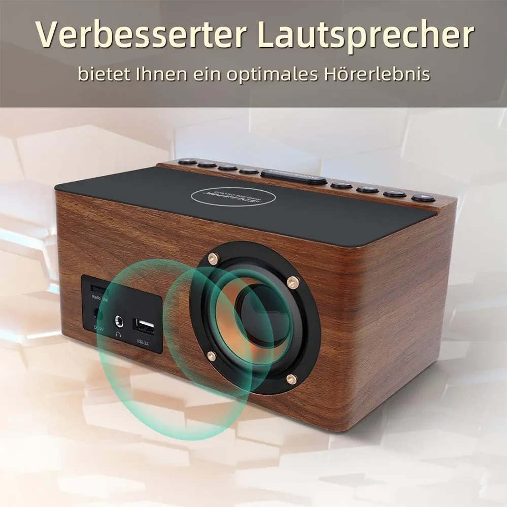 ساعت رومیزی چوبی با رادیو FM، زنگ هشدار و شارژر بیسیم 10 وات برند ANJANK مدل AC190
