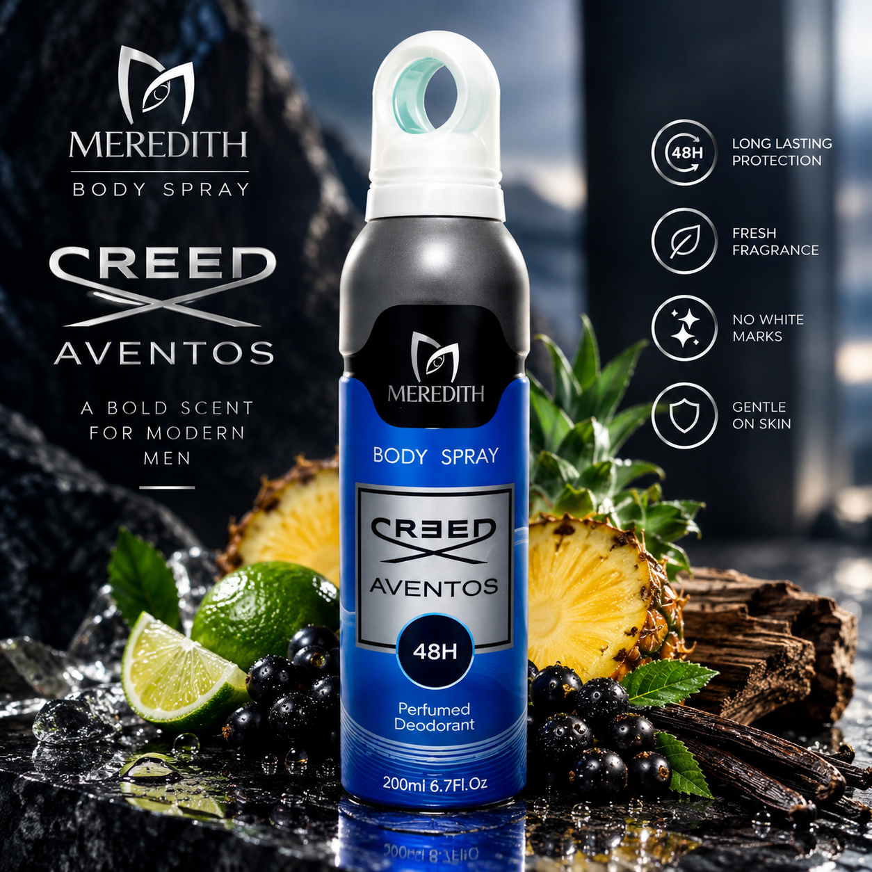 اسپری بدن مردیس (MEREDITH) 200 میل – ضد تعریق، رایحه ماندگار و پاف مهپاشجدید